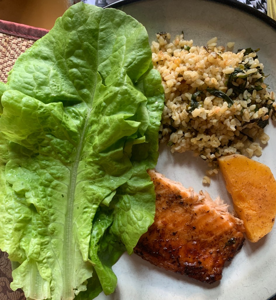Homegrown Lettuce and Jasmine Rice with Baby Spinach Served with Salmon and Butternut Squash