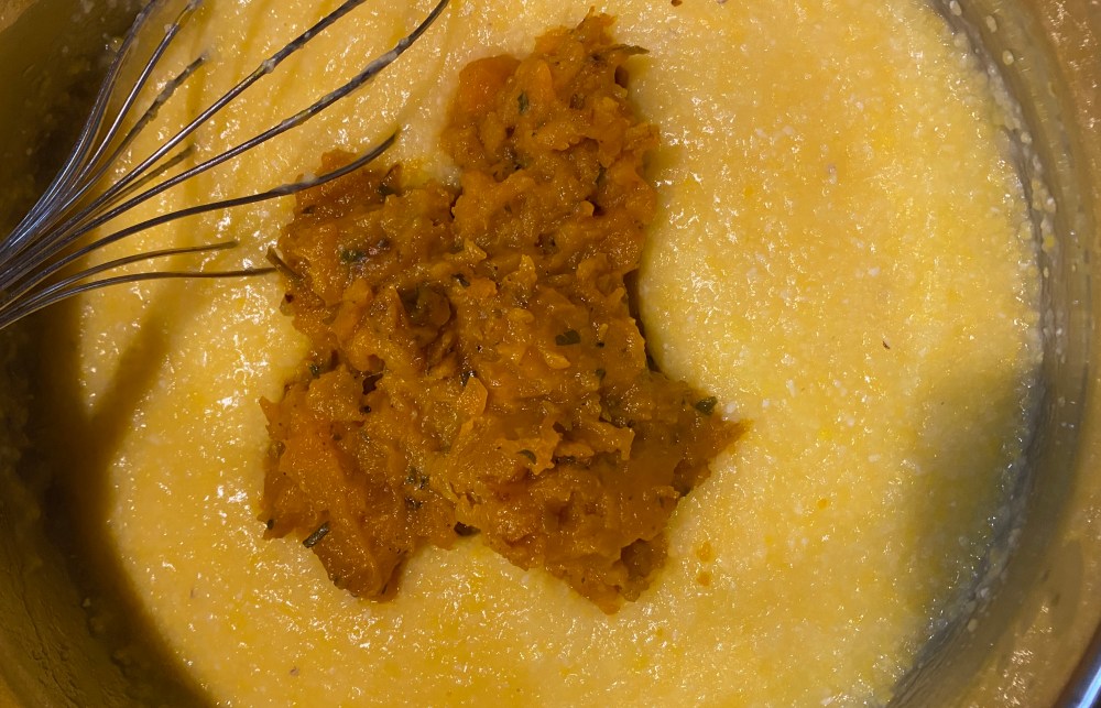Pumpkin Added to Grits. Whisk