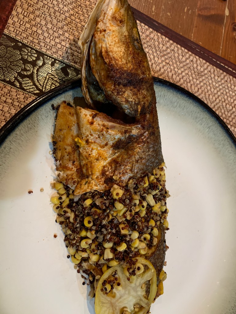 Baked Branzino with Quinoa and Roasted Corn